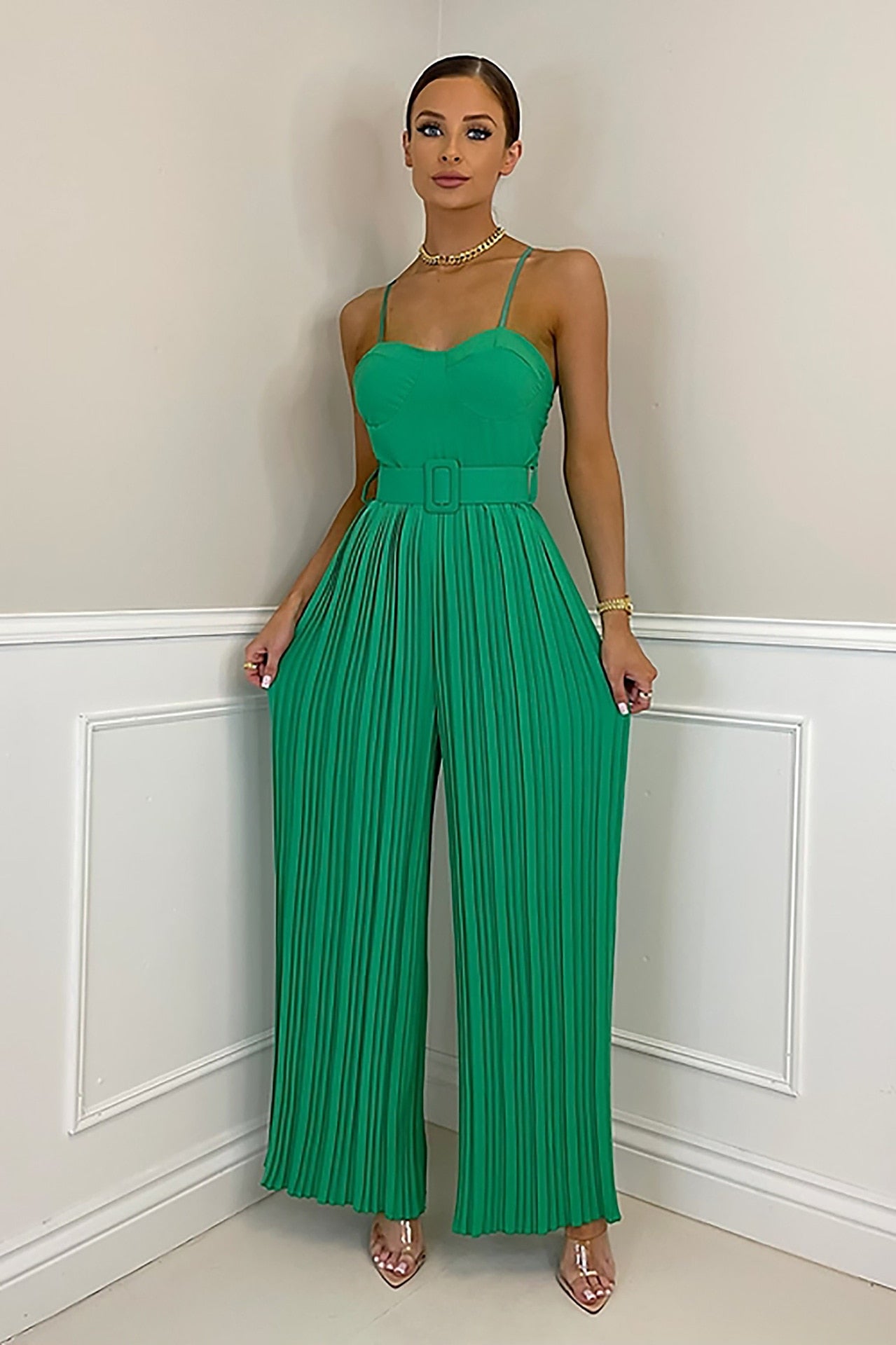 Summer Casual Solid Pleated Wide Leg Jumpsuit - Forever Growth 