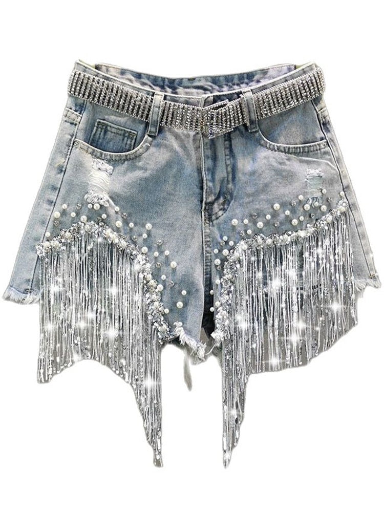 Beaded Tassel Denim Shorts - Forever Growth 