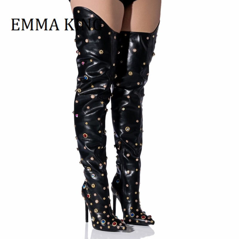 Rhinestone Thigh High Boots - Forever Growth 