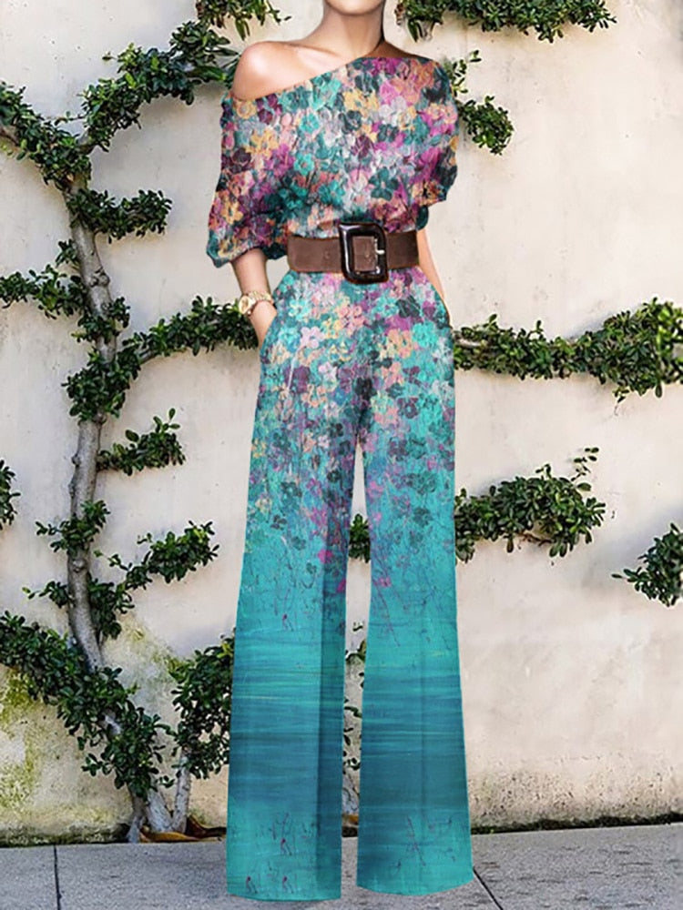 Women Elegant Office Lady Loose Wide Leg Pants Bodysuits Skew Collar Floral Printing Sweet Ladies Jumpsuits Fashion Streetwear - Forever Growth 