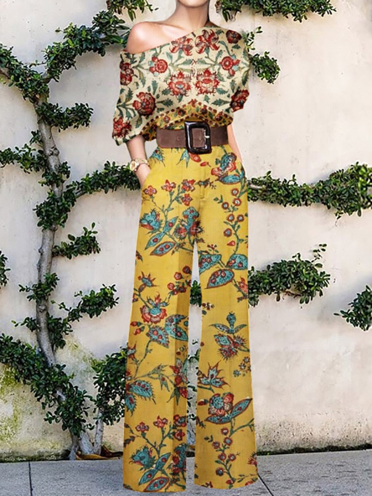 Women Elegant Office Lady Loose Wide Leg Pants Bodysuits Skew Collar Floral Printing Sweet Ladies Jumpsuits Fashion Streetwear - Forever Growth 