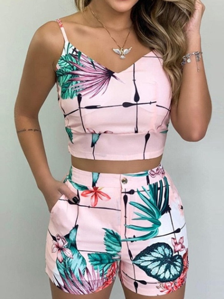 Print Spaghetti Strap Crop Top+ Short Sets - Forever Growth 