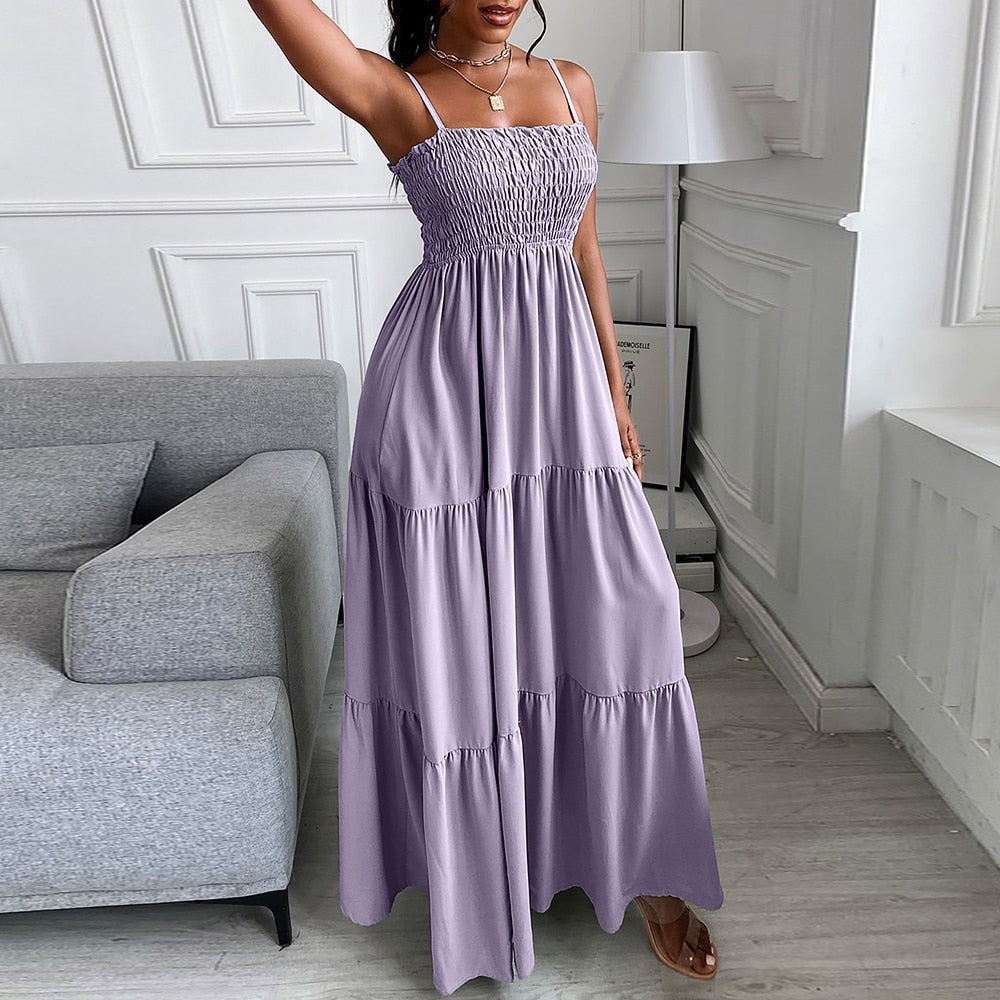 Women Sexy Long Dress 2022 New Arrive Summer Solid Color Strap Fashion Casual Elegant Long Dresses Female Party Dress - Forever Growth 