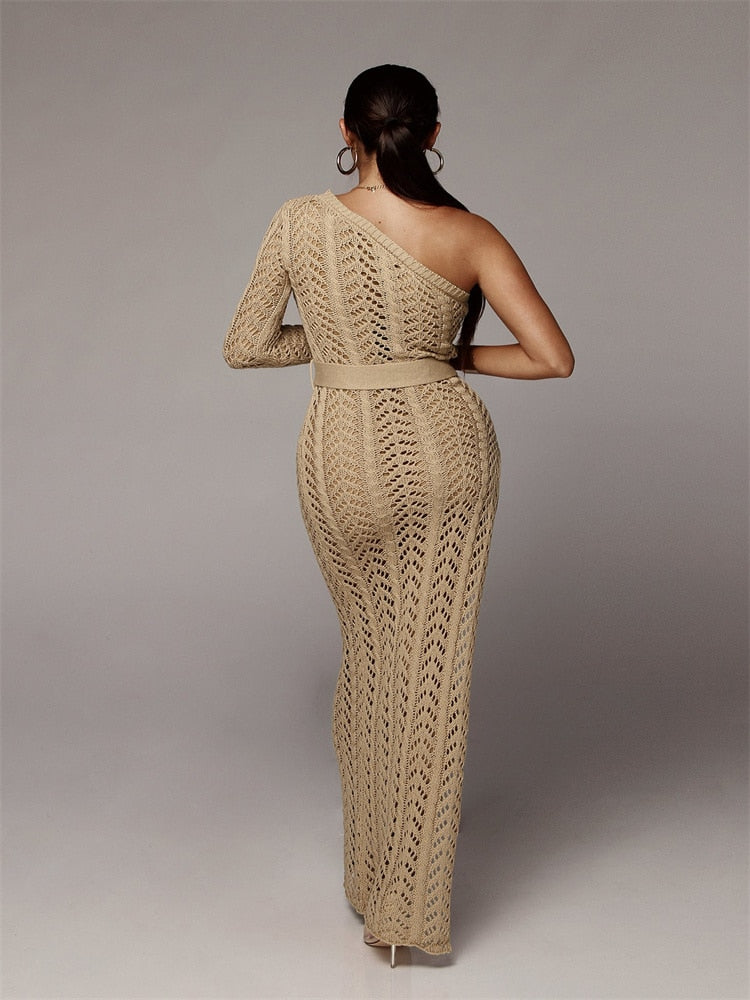 High Slit Knitted One Shoulder Hollow Out Crochet Dress - Forever Growth 