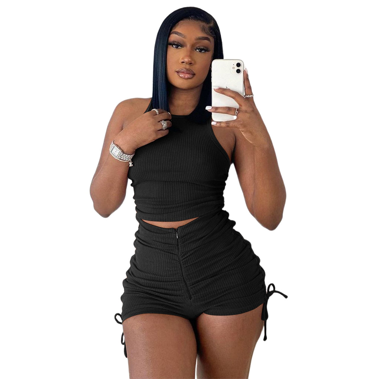 Drawstring Zipper Rib Shorts+ Crop Top Set - Forever Growth 