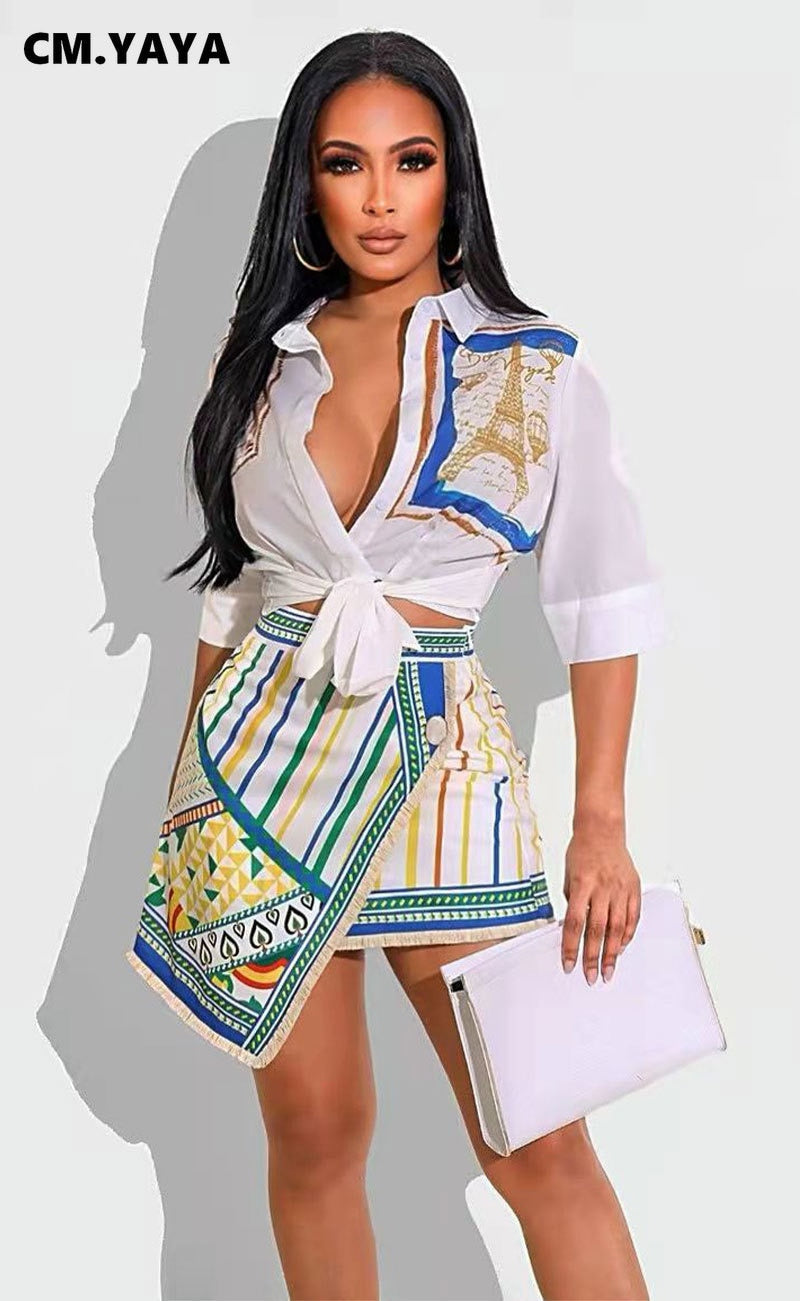 Elegant Shirt+ Draped A-line Paisley Stripe Skirt Set - Forever Growth 