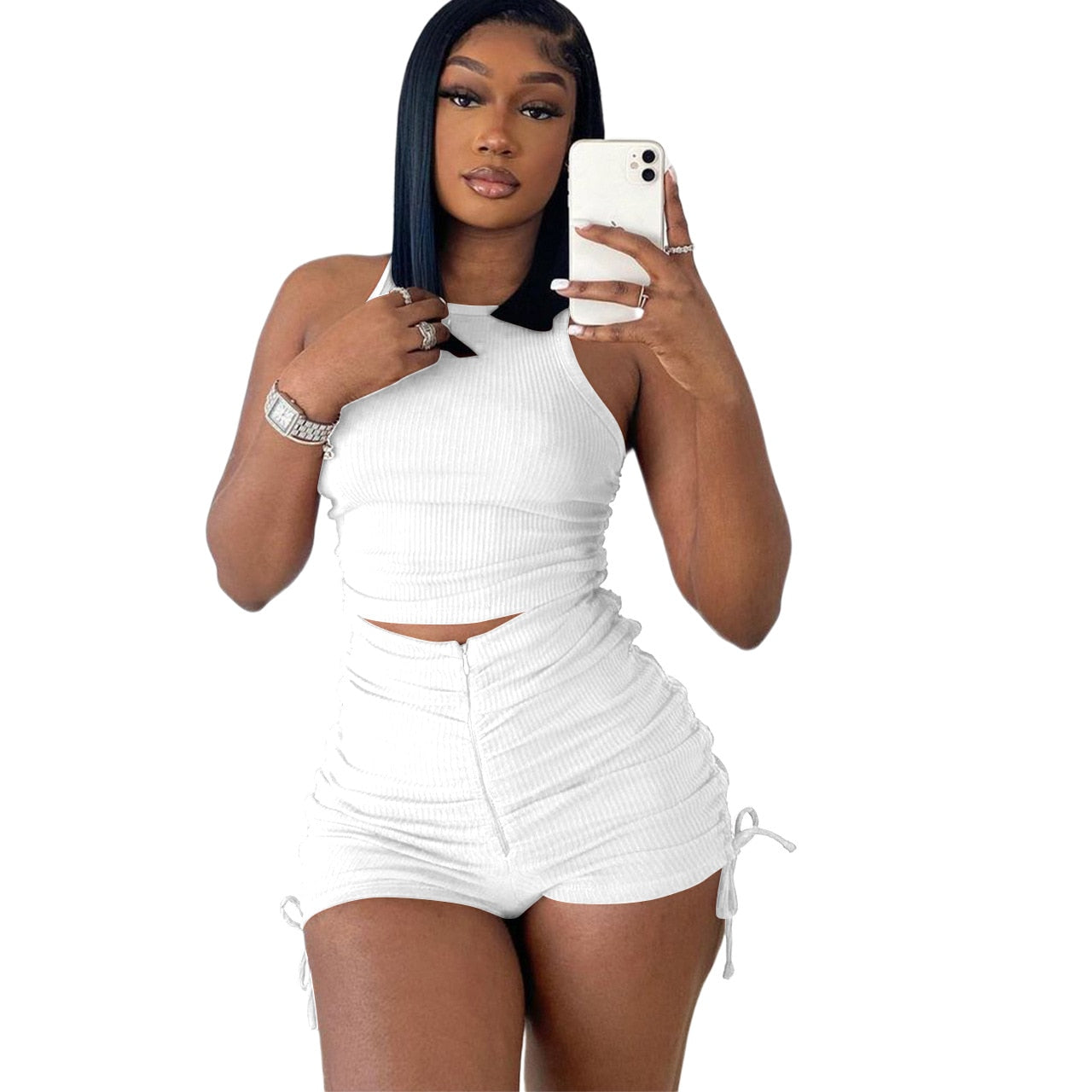 Drawstring Zipper Rib Shorts+ Crop Top Set - Forever Growth 