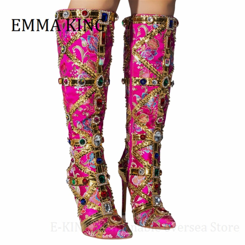 Embroidered Gemstone Floral Knee-High Boots - Forever Growth 