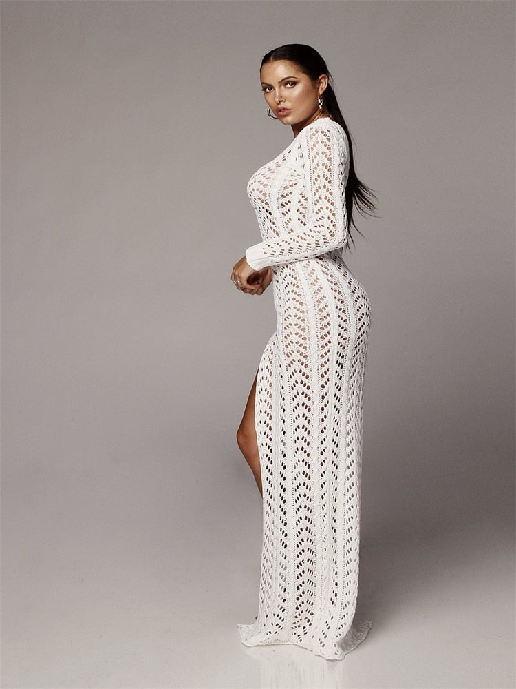 High Slit Knitted One Shoulder Hollow Out Crochet Dress - Forever Growth 